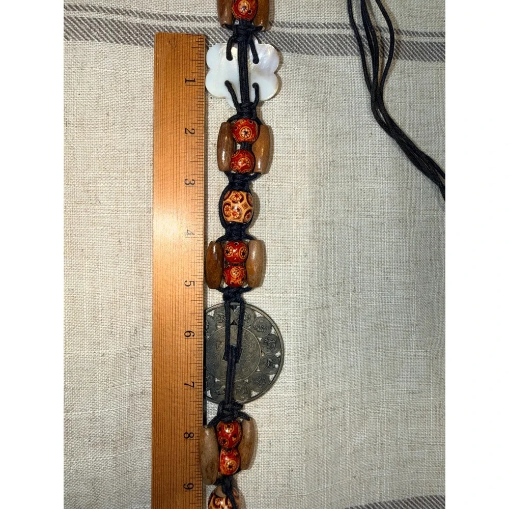 Boho Macrame Cord Belt Wood Beads Mother of Pearl Shell Chinese Zodiac Medallion